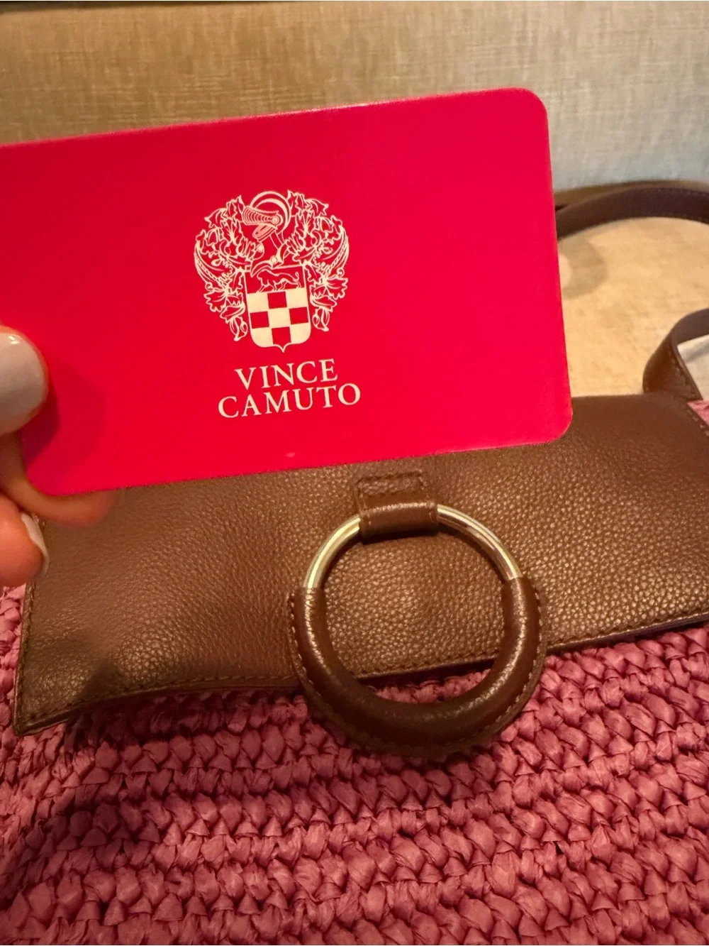 Vince Camuto Livee Raffia Large Crossbody Bag – Sandalwood/Rose Pink & Brown